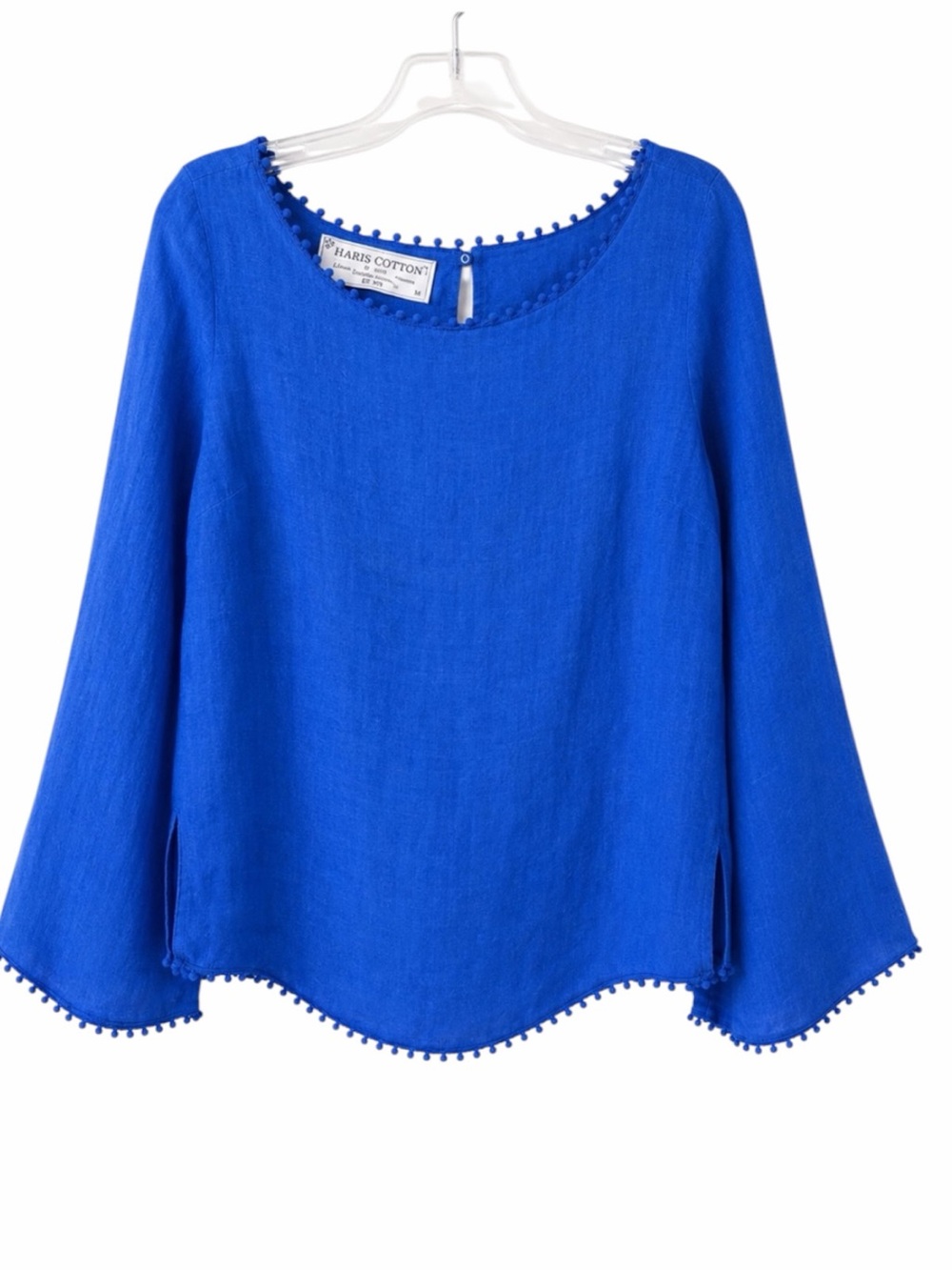 Haris Cotton Linen Blouse Blue Medium Pom Pom Trim Bell Sleeve Made in Greece
